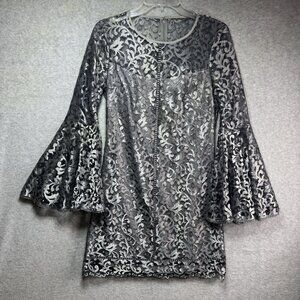 WHITE HOUSE BLACK MARKET Dress Size 4 Silver Gray Metallic Lace Bell Sleeve Zip